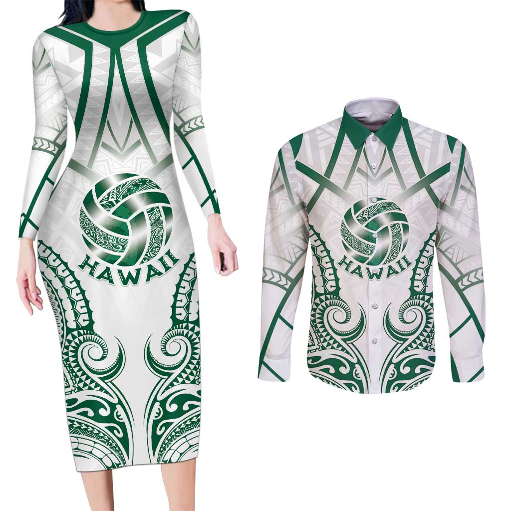 Custom Hawaii Volleyball Couples Matching Long Sleeve Bodycon Dress and Long Sleeve Button Shirt Polynesian Pattern - Polynesian Pride