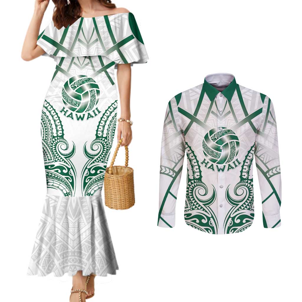 Custom Hawaii Volleyball Couples Matching Mermaid Dress and Long Sleeve Button Shirt Polynesian Pattern - Polynesian Pride