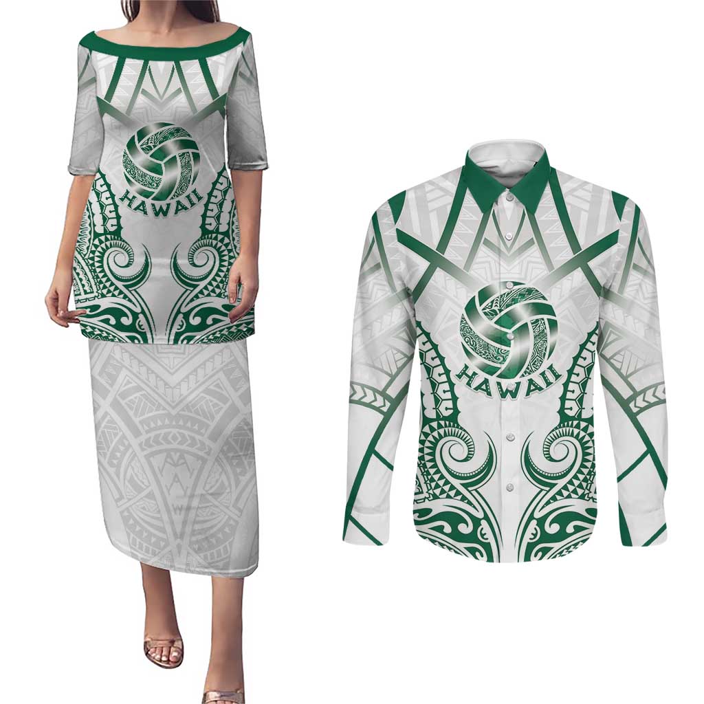 Custom Hawaii Volleyball Couples Matching Puletasi and Long Sleeve Button Shirt Polynesian Pattern LT05 Teal - Polynesian Pride