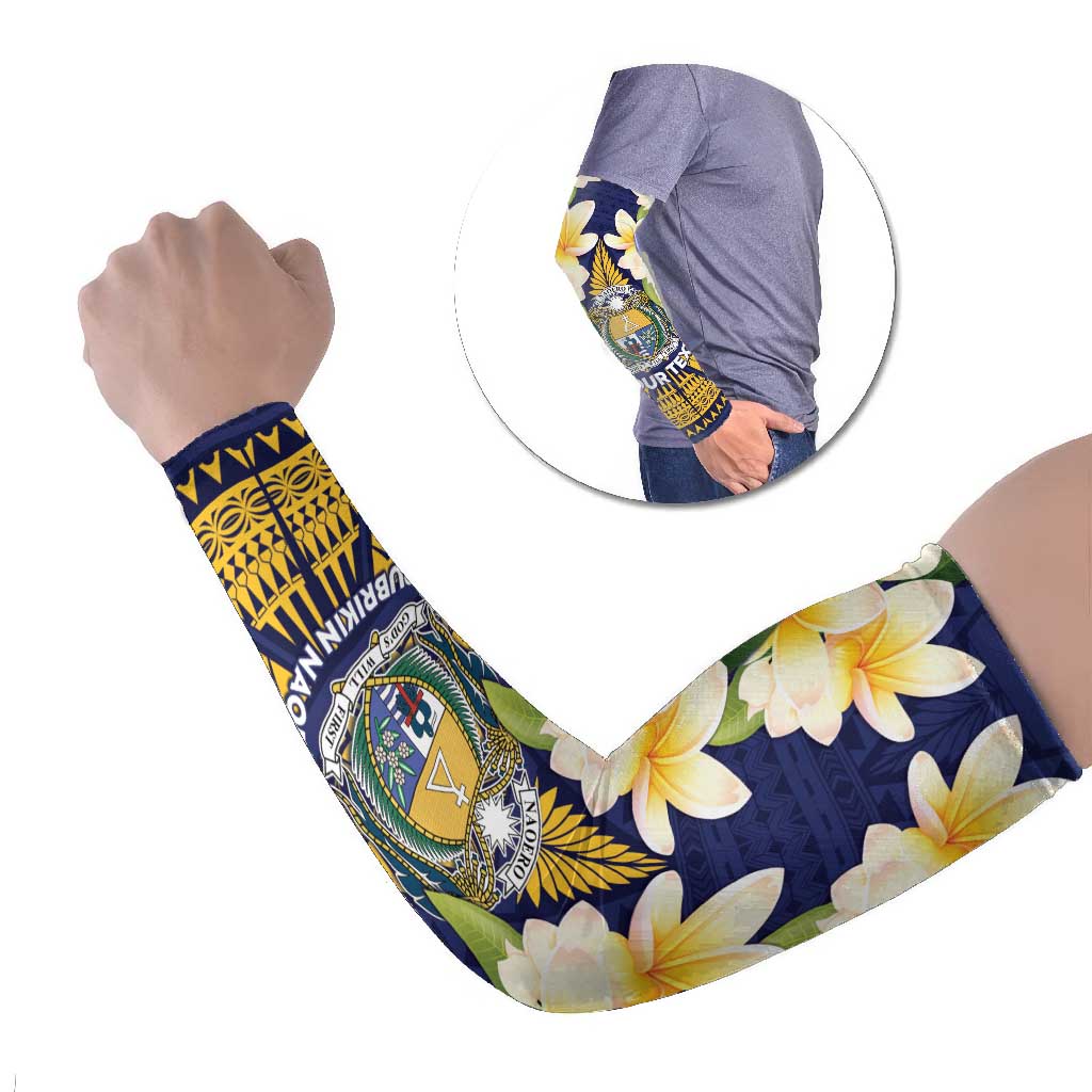 Personalised Nauru Independence Day Arm Sleeves Coat Of Arms With Plumeria - Polynesian Pride