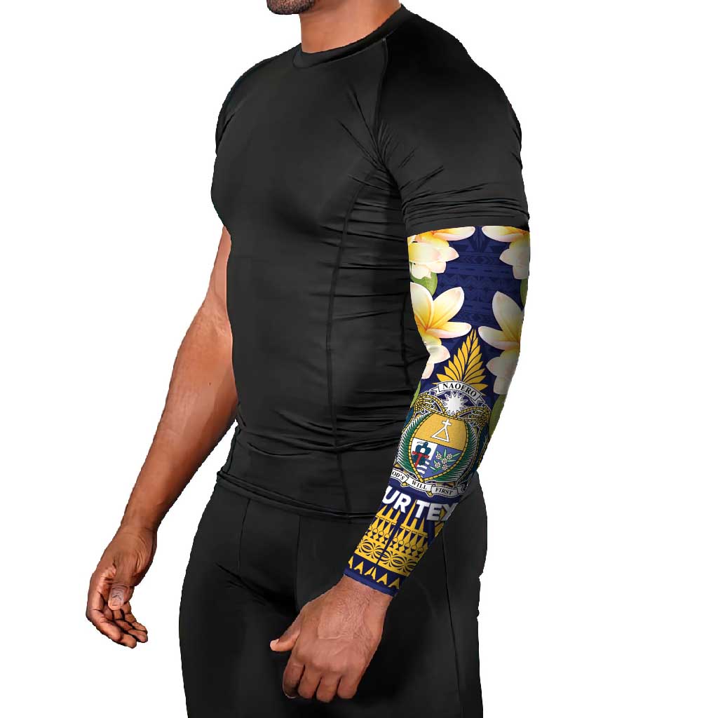 Personalised Nauru Independence Day Arm Sleeves Coat Of Arms With Plumeria - Polynesian Pride