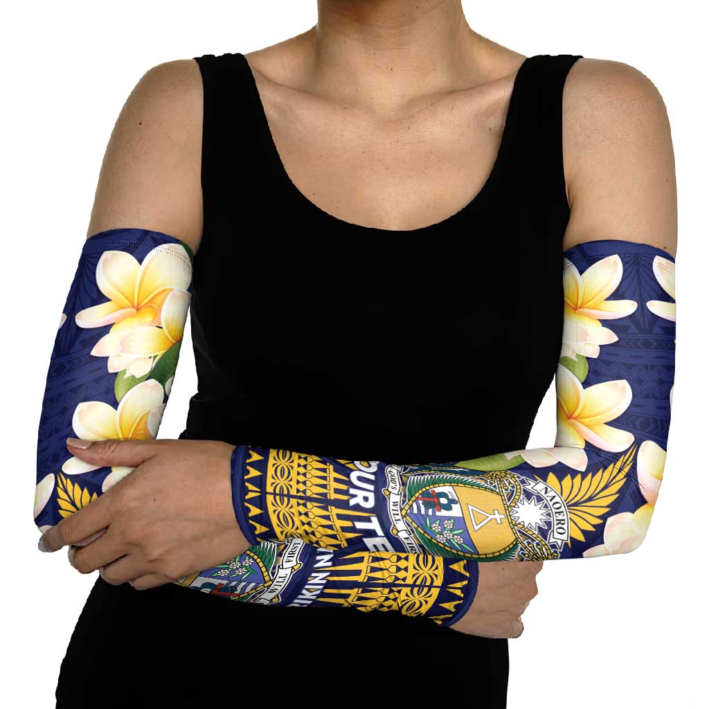 Personalised Nauru Independence Day Arm Sleeves Coat Of Arms With Plumeria - Polynesian Pride
