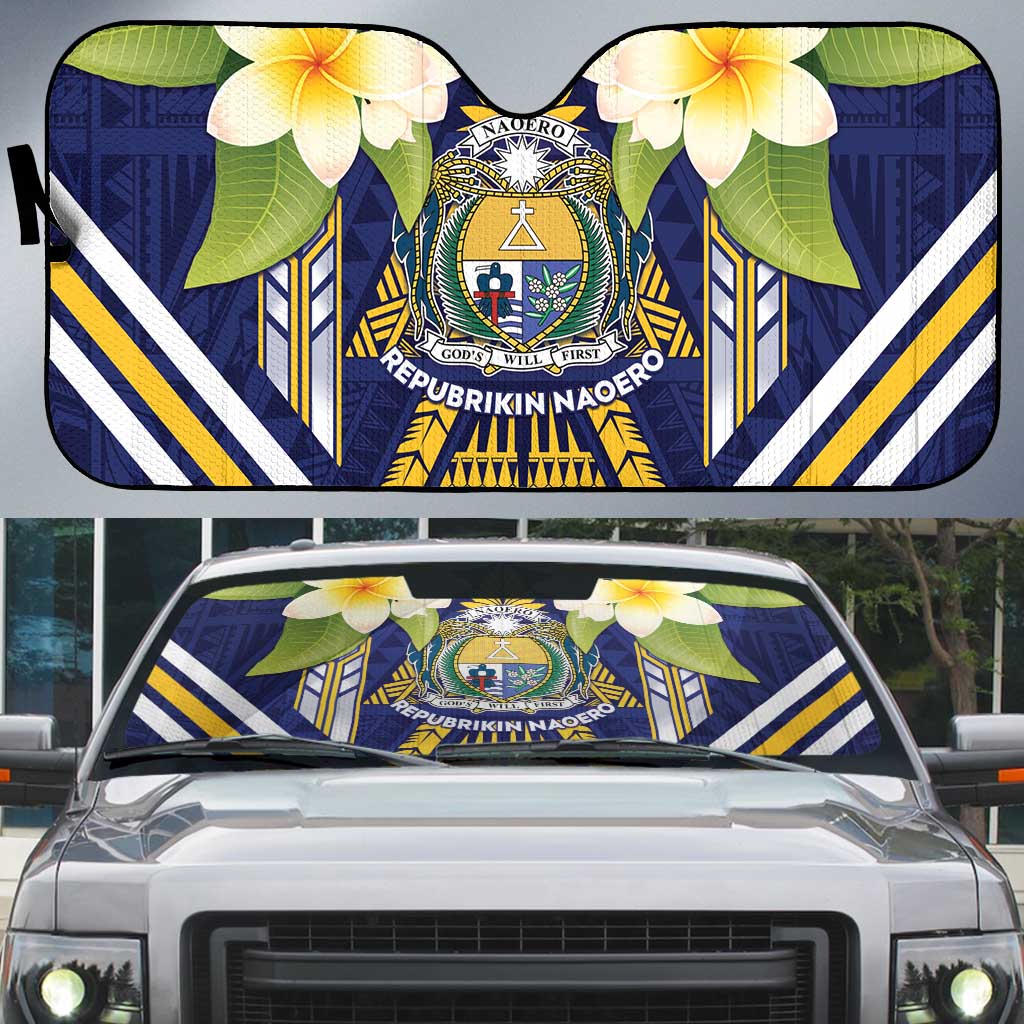Nauru Independence Day Auto Sun Shade Coat Of Arms With Plumeria - Polynesian Pride