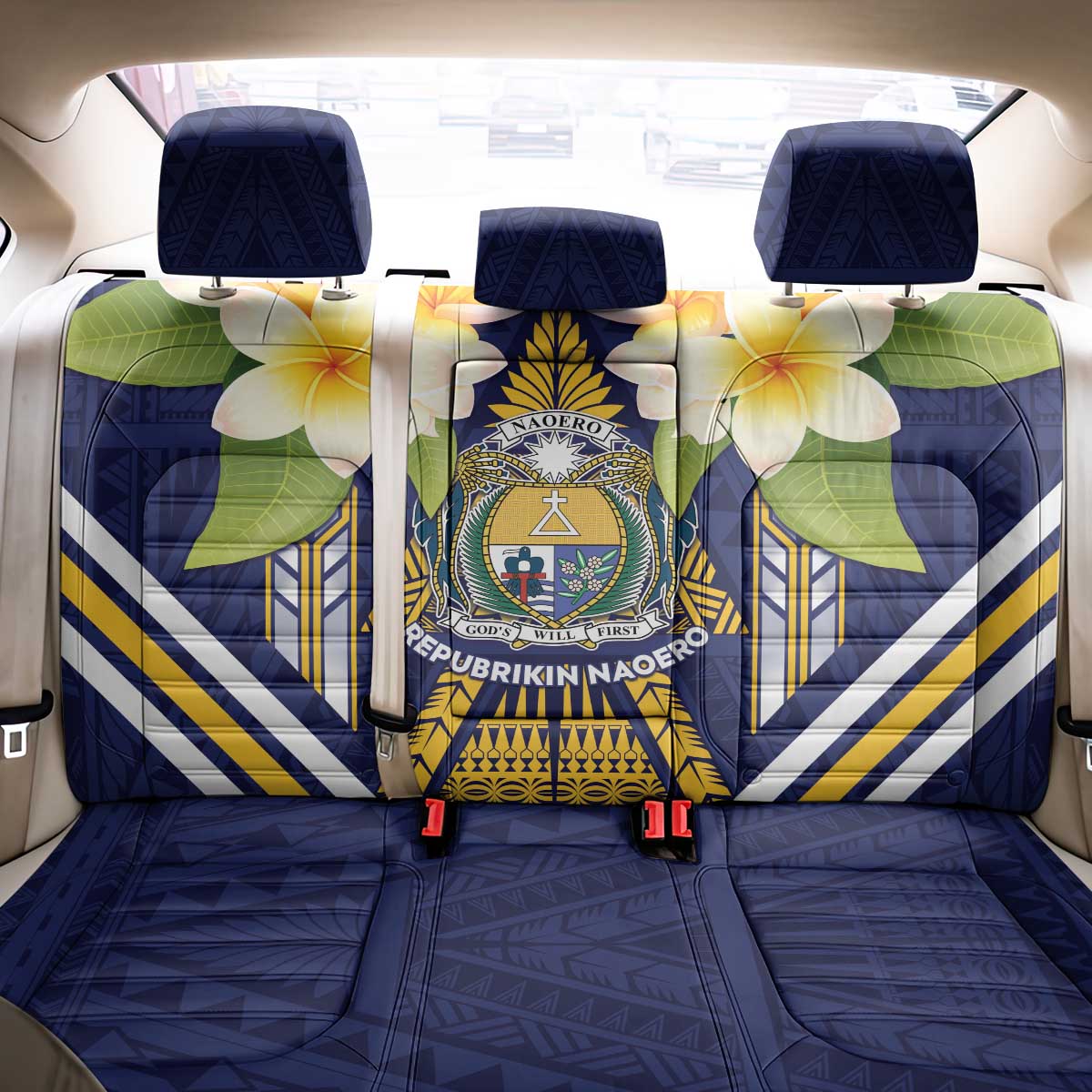 Nauru Independence Day Back Car Seat Cover Coat Of Arms With Plumeria - Polynesian Pride