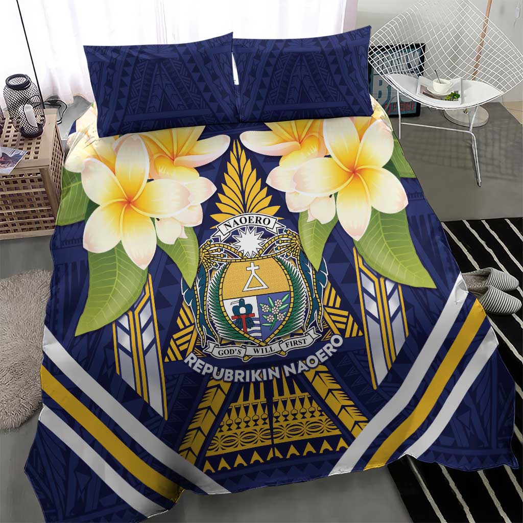 Nauru Independence Day Bedding Set Coat Of Arms With Plumeria - Polynesian Pride