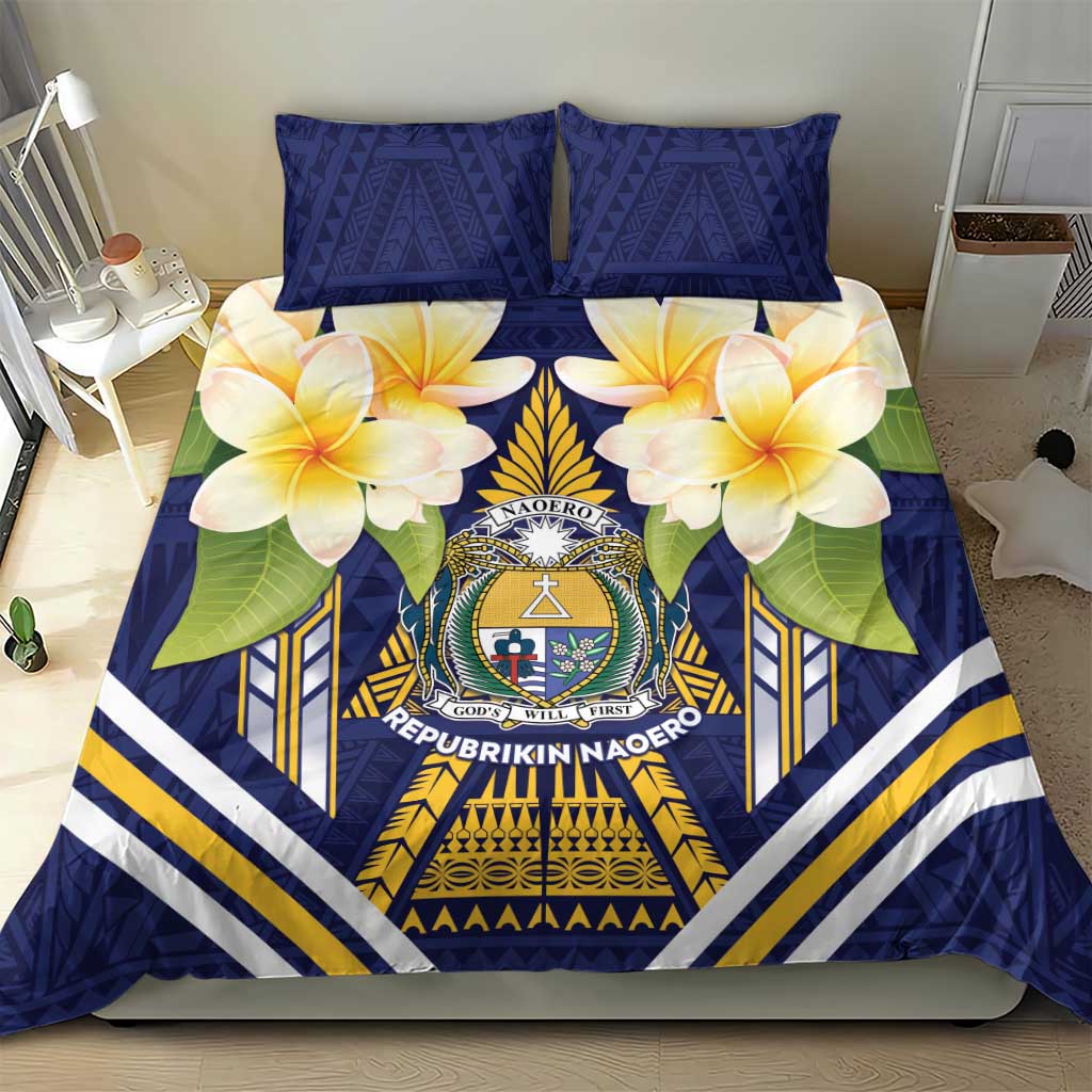 Nauru Independence Day Bedding Set Coat Of Arms With Plumeria - Polynesian Pride