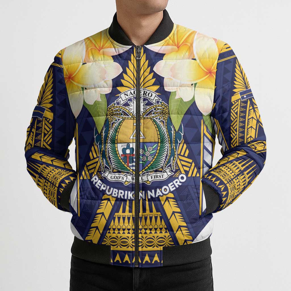 Personalised Nauru Independence Day Bomber Puffer Jacket Coat Of Arms With Plumeria - Polynesian Pride