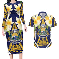 Personalised Nauru Independence Day Couples Matching Long Sleeve Bodycon Dress and Hawaiian Shirt Coat Of Arms With Plumeria - Polynesian Pride