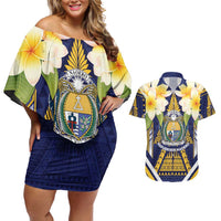 Personalised Nauru Independence Day Couples Matching Off Shoulder Short Dress and Hawaiian Shirt Coat Of Arms With Plumeria - Polynesian Pride
