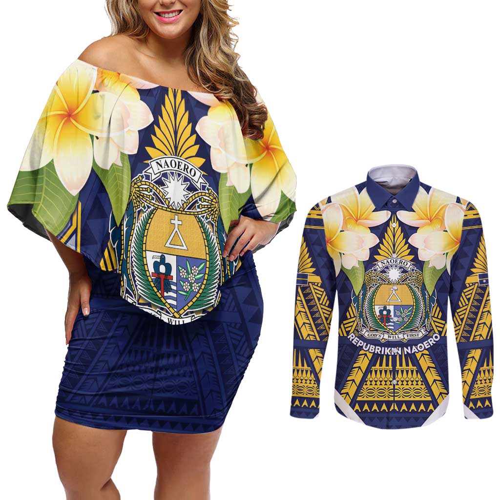 Personalised Nauru Independence Day Couples Matching Off Shoulder Short Dress and Long Sleeve Button Shirt Coat Of Arms With Plumeria - Polynesian Pride