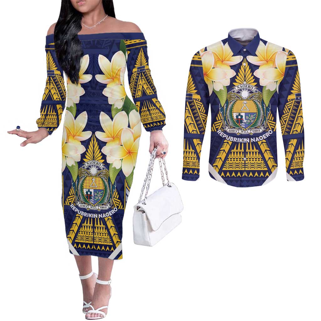 Personalised Nauru Independence Day Couples Matching Off The Shoulder Long Sleeve Dress and Long Sleeve Button Shirt Coat Of Arms With Plumeria - Polynesian Pride