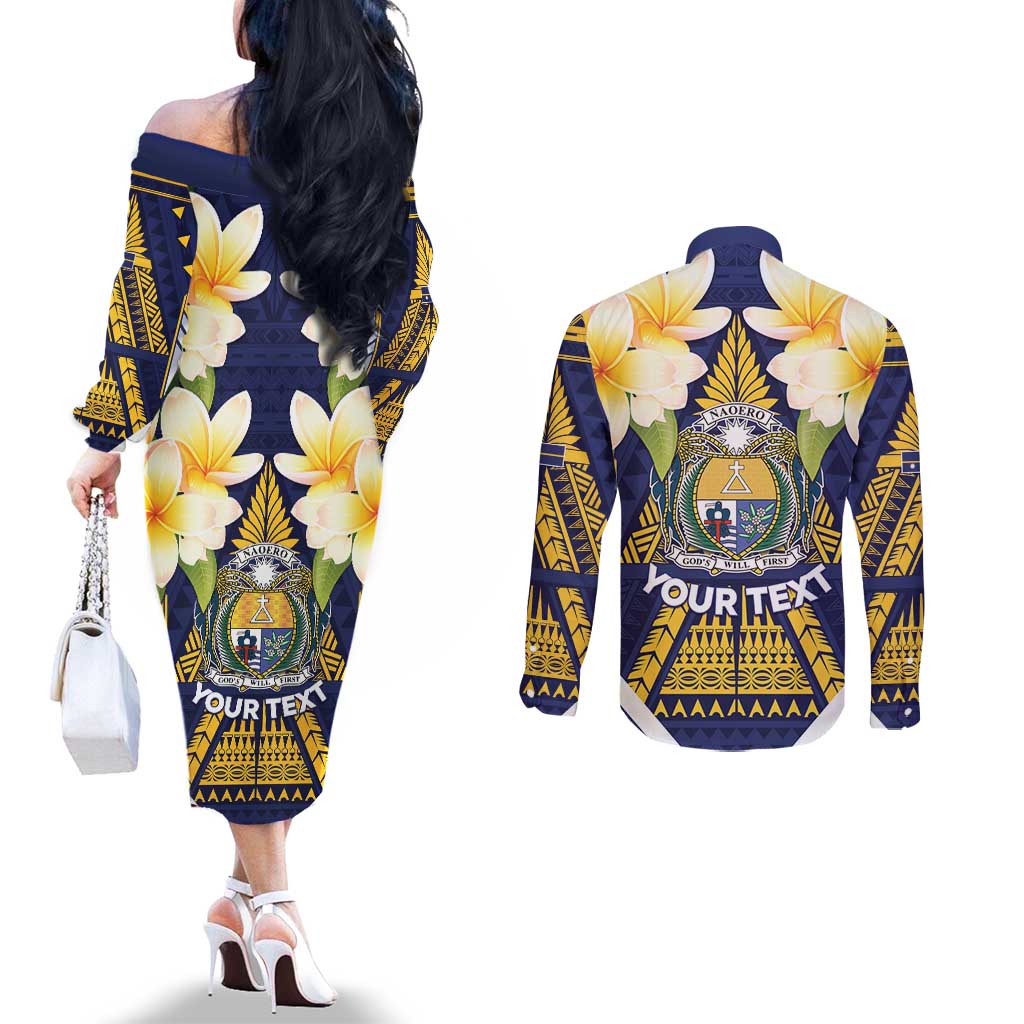 Personalised Nauru Independence Day Couples Matching Off The Shoulder Long Sleeve Dress and Long Sleeve Button Shirt Coat Of Arms With Plumeria - Polynesian Pride