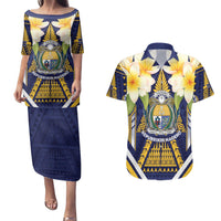 Personalised Nauru Independence Day Couples Matching Puletasi and Hawaiian Shirt Coat Of Arms With Plumeria - Polynesian Pride