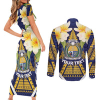 Personalised Nauru Independence Day Couples Matching Short Sleeve Bodycon Dress and Long Sleeve Button Shirt Coat Of Arms With Plumeria - Polynesian Pride