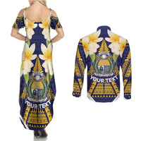 Personalised Nauru Independence Day Couples Matching Summer Maxi Dress and Long Sleeve Button Shirt Coat Of Arms With Plumeria - Polynesian Pride