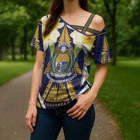 Personalised Nauru Independence Day Cross Shoulder Shirt Coat Of Arms With Plumeria - Polynesian Pride