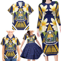 Personalised Nauru Independence Day Family Matching Long Sleeve Bodycon Dress and Hawaiian Shirt Coat Of Arms With Plumeria - Polynesian Pride