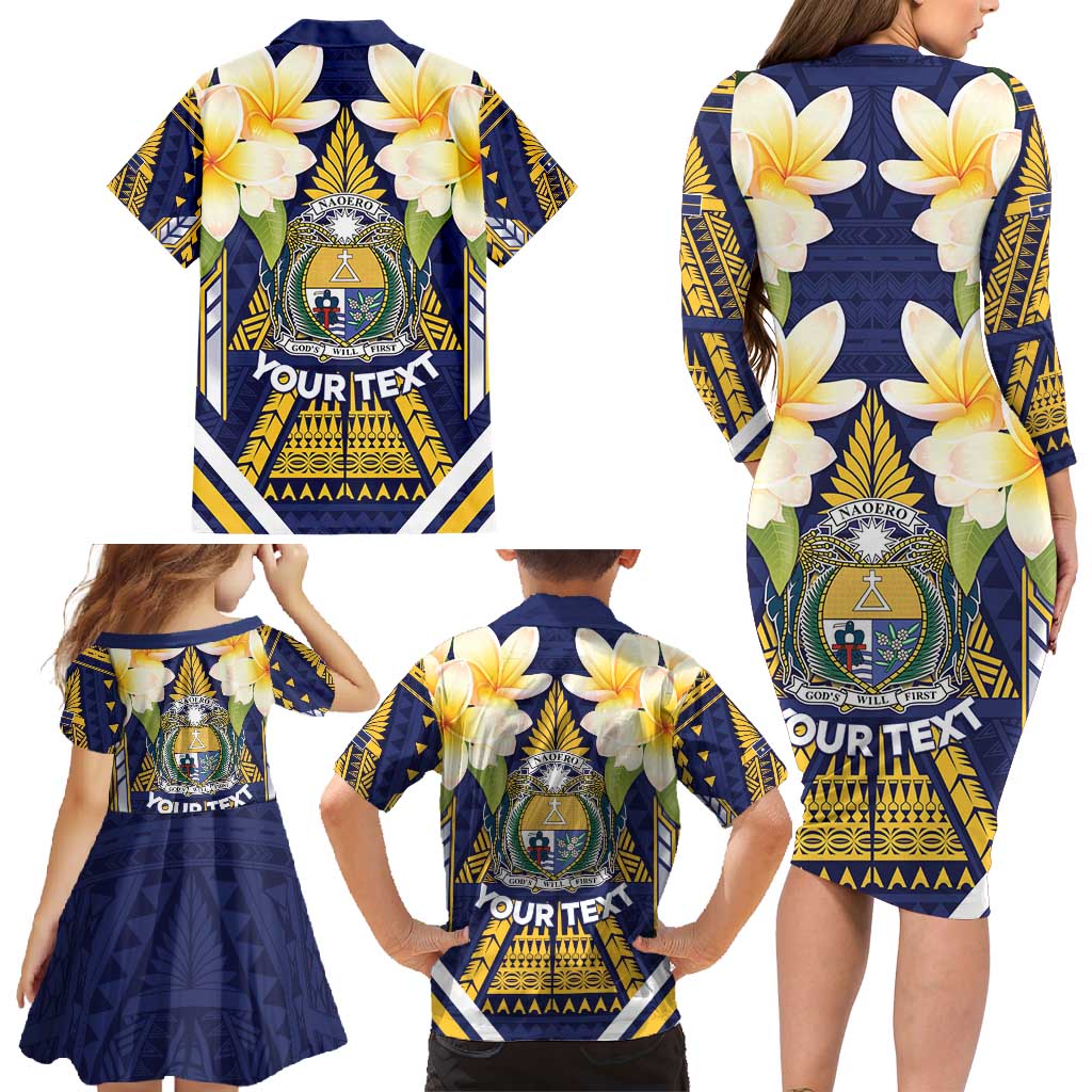Personalised Nauru Independence Day Family Matching Long Sleeve Bodycon Dress and Hawaiian Shirt Coat Of Arms With Plumeria - Polynesian Pride
