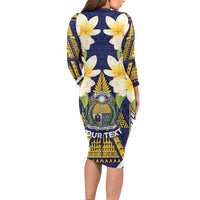 Personalised Nauru Independence Day Family Matching Long Sleeve Bodycon Dress and Hawaiian Shirt Coat Of Arms With Plumeria - Polynesian Pride