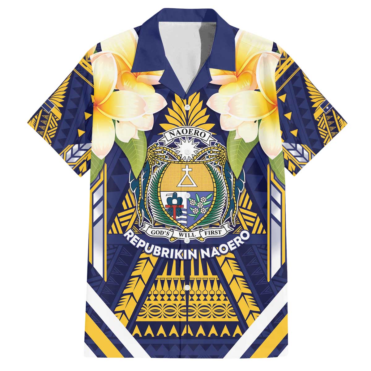 Personalised Nauru Independence Day Family Matching Off The Shoulder Long Sleeve Dress and Hawaiian Shirt Coat Of Arms With Plumeria - Polynesian Pride