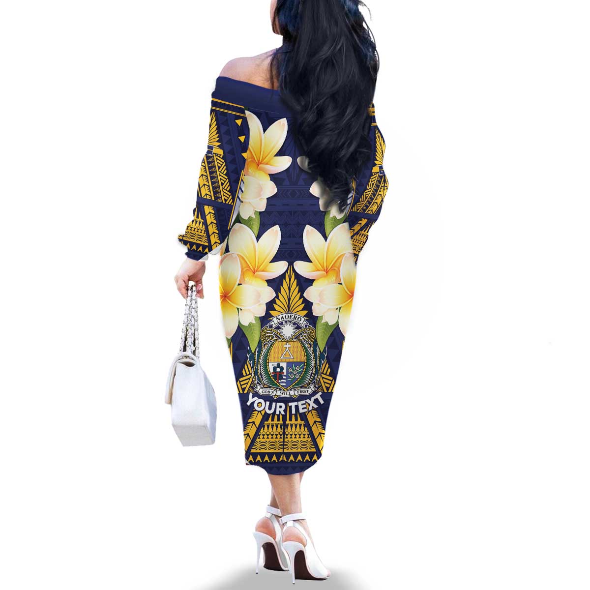 Personalised Nauru Independence Day Family Matching Off The Shoulder Long Sleeve Dress and Hawaiian Shirt Coat Of Arms With Plumeria - Polynesian Pride