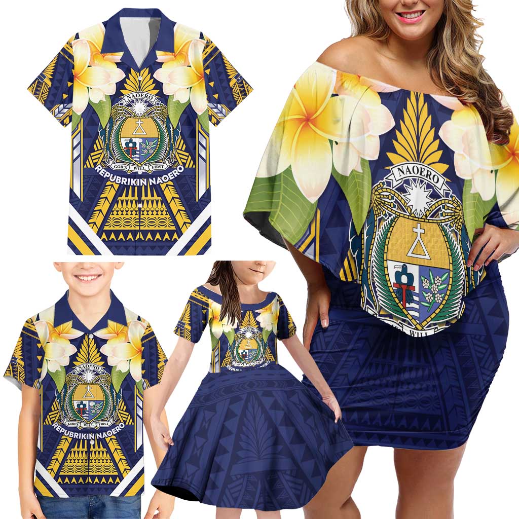 Personalised Nauru Independence Day Family Matching Off Shoulder Short Dress and Hawaiian Shirt Coat Of Arms With Plumeria - Polynesian Pride