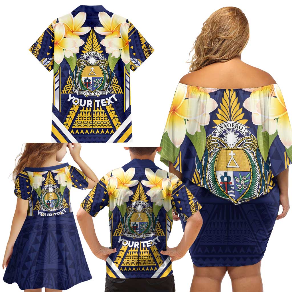 Personalised Nauru Independence Day Family Matching Off Shoulder Short Dress and Hawaiian Shirt Coat Of Arms With Plumeria - Polynesian Pride