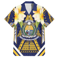 Personalised Nauru Independence Day Family Matching Off Shoulder Short Dress and Hawaiian Shirt Coat Of Arms With Plumeria - Polynesian Pride