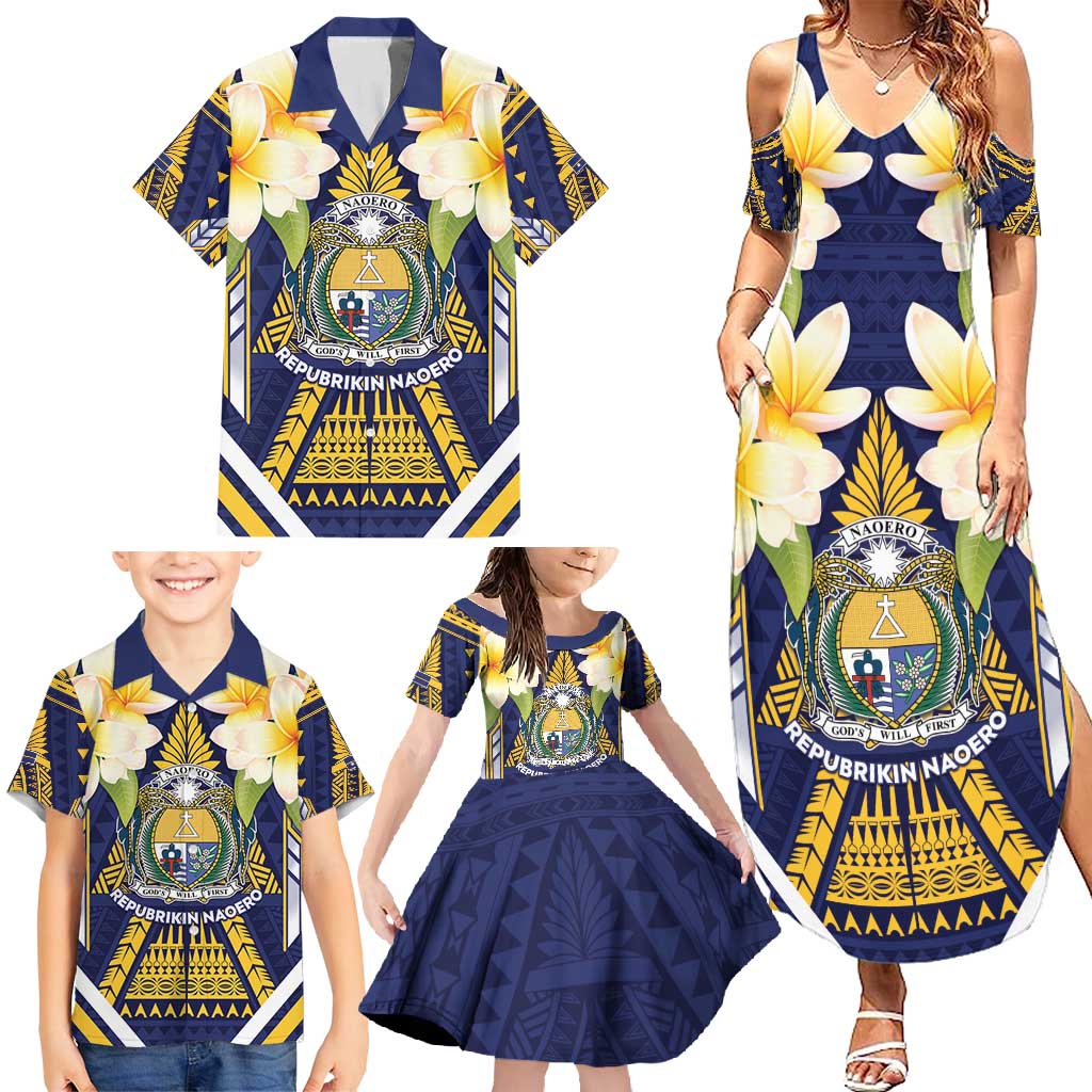Personalised Nauru Independence Day Family Matching Summer Maxi Dress and Hawaiian Shirt Coat Of Arms With Plumeria - Polynesian Pride