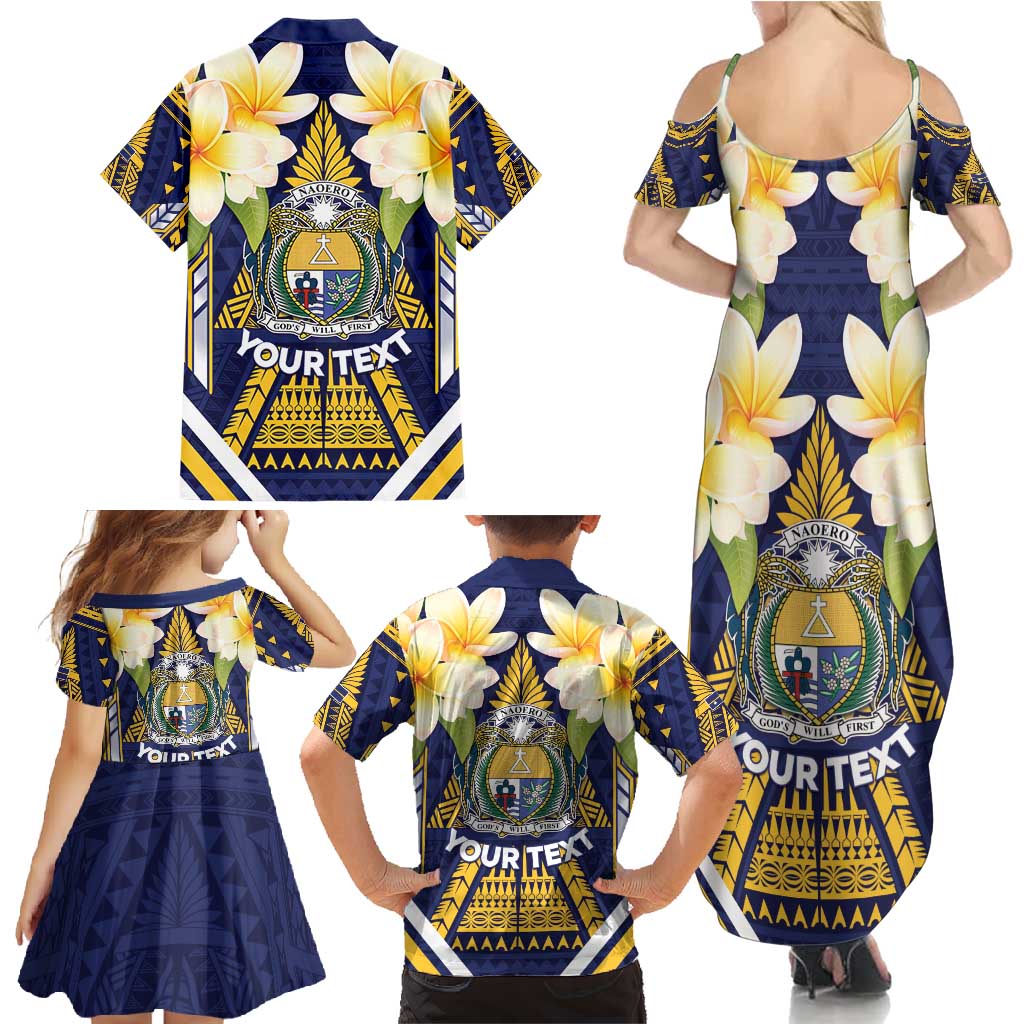 Personalised Nauru Independence Day Family Matching Summer Maxi Dress and Hawaiian Shirt Coat Of Arms With Plumeria - Polynesian Pride