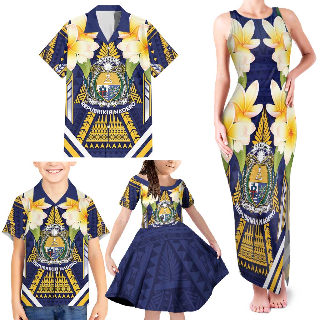Personalised Nauru Independence Day Family Matching Tank Maxi Dress and Hawaiian Shirt Coat Of Arms With Plumeria - Polynesian Pride
