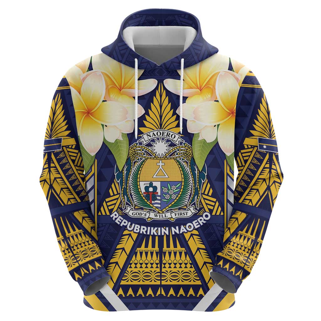 Personalised Nauru Independence Day Hoodie Coat Of Arms With Plumeria - Polynesian Pride