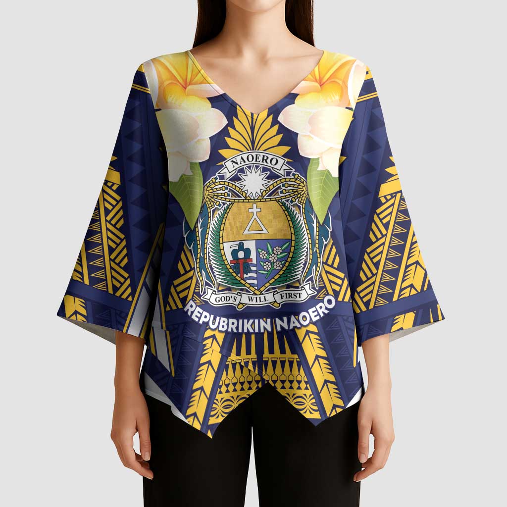 Personalised Nauru Independence Day Kimono Sleeve Blouse Coat Of Arms With Plumeria - Polynesian Pride