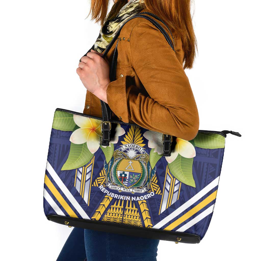Nauru Independence Day Leather Tote Bag Coat Of Arms With Plumeria - Polynesian Pride