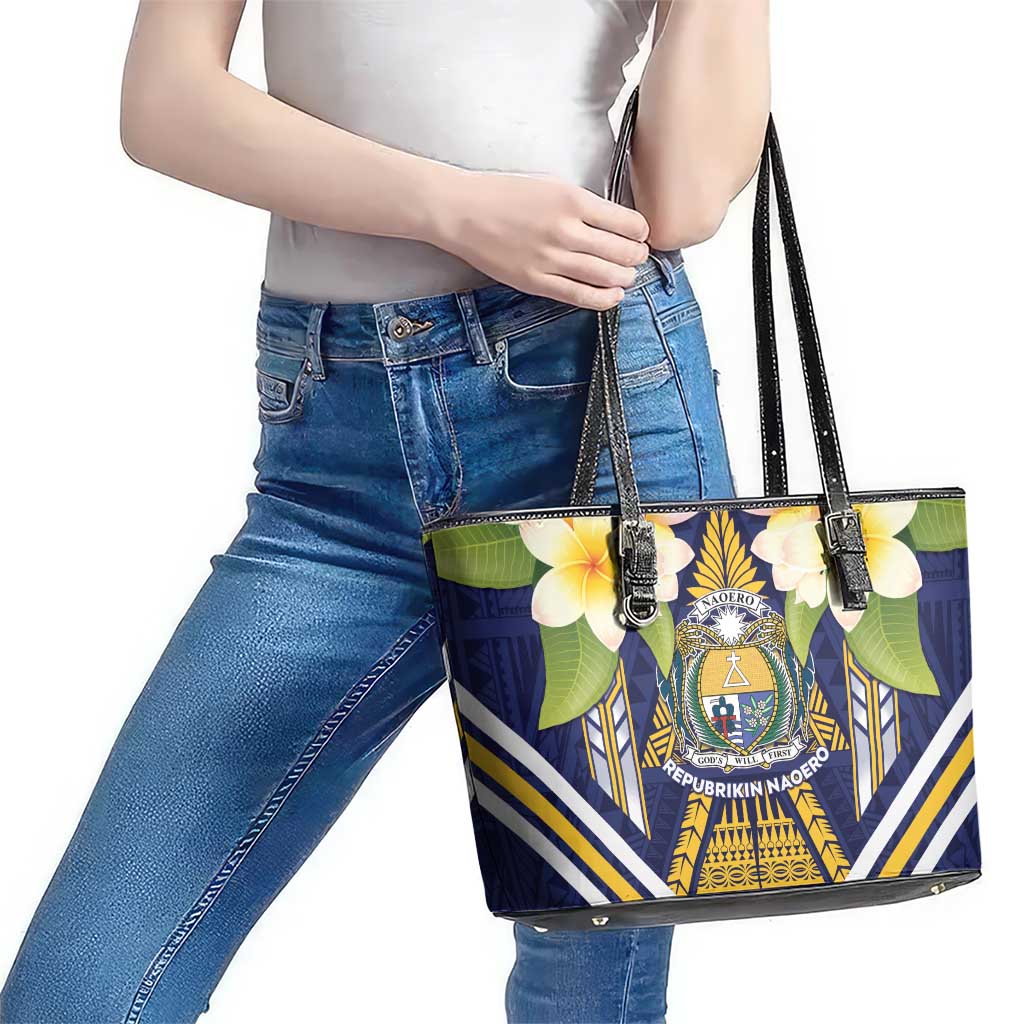 Nauru Independence Day Leather Tote Bag Coat Of Arms With Plumeria - Polynesian Pride