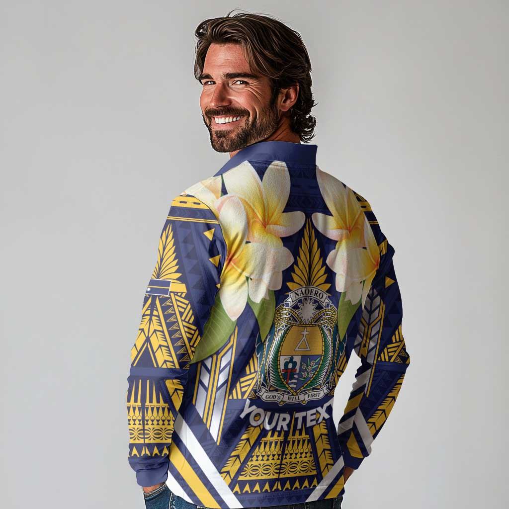 Personalised Nauru Independence Day Long Sleeve Polo Shirt Coat Of Arms With Plumeria - Polynesian Pride