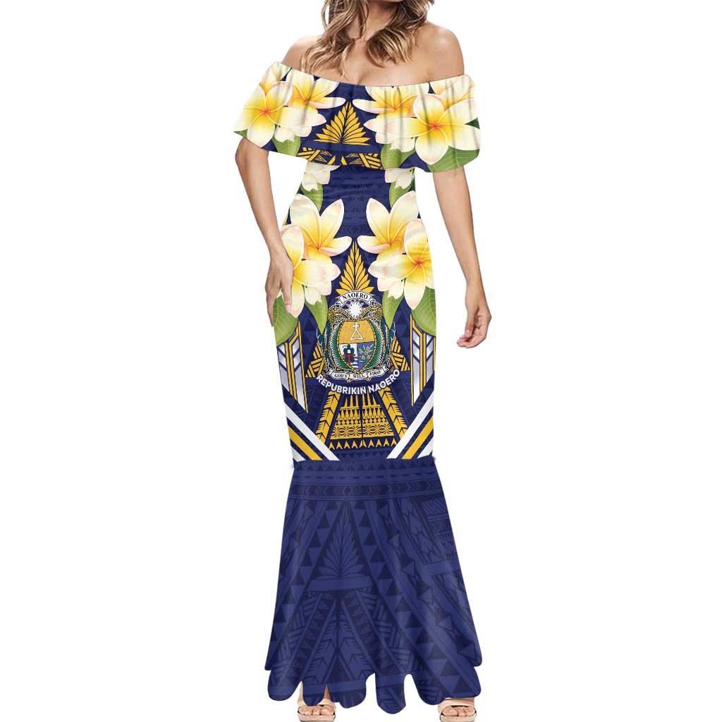 Personalised Nauru Independence Day Mermaid Dress Coat Of Arms With Plumeria - Polynesian Pride