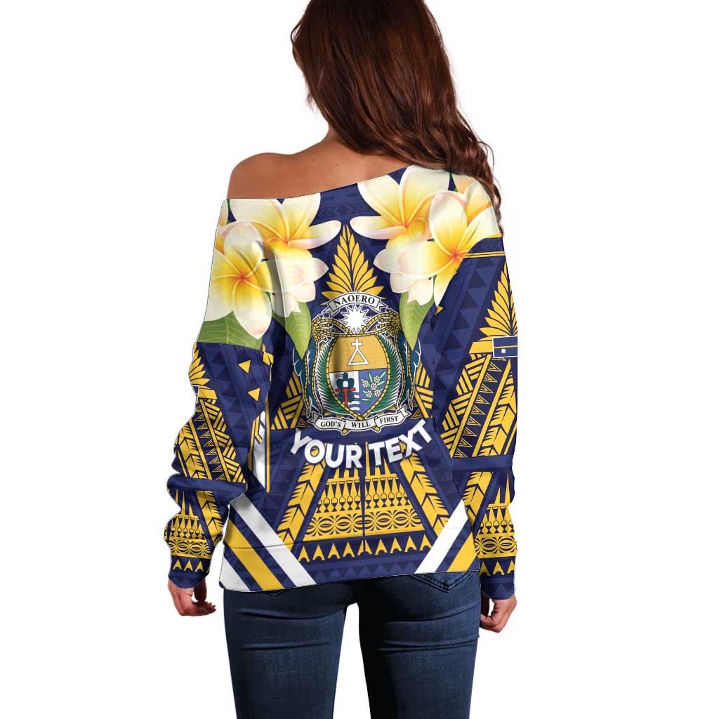 Personalised Nauru Independence Day Off Shoulder Sweater Coat Of Arms With Plumeria - Polynesian Pride