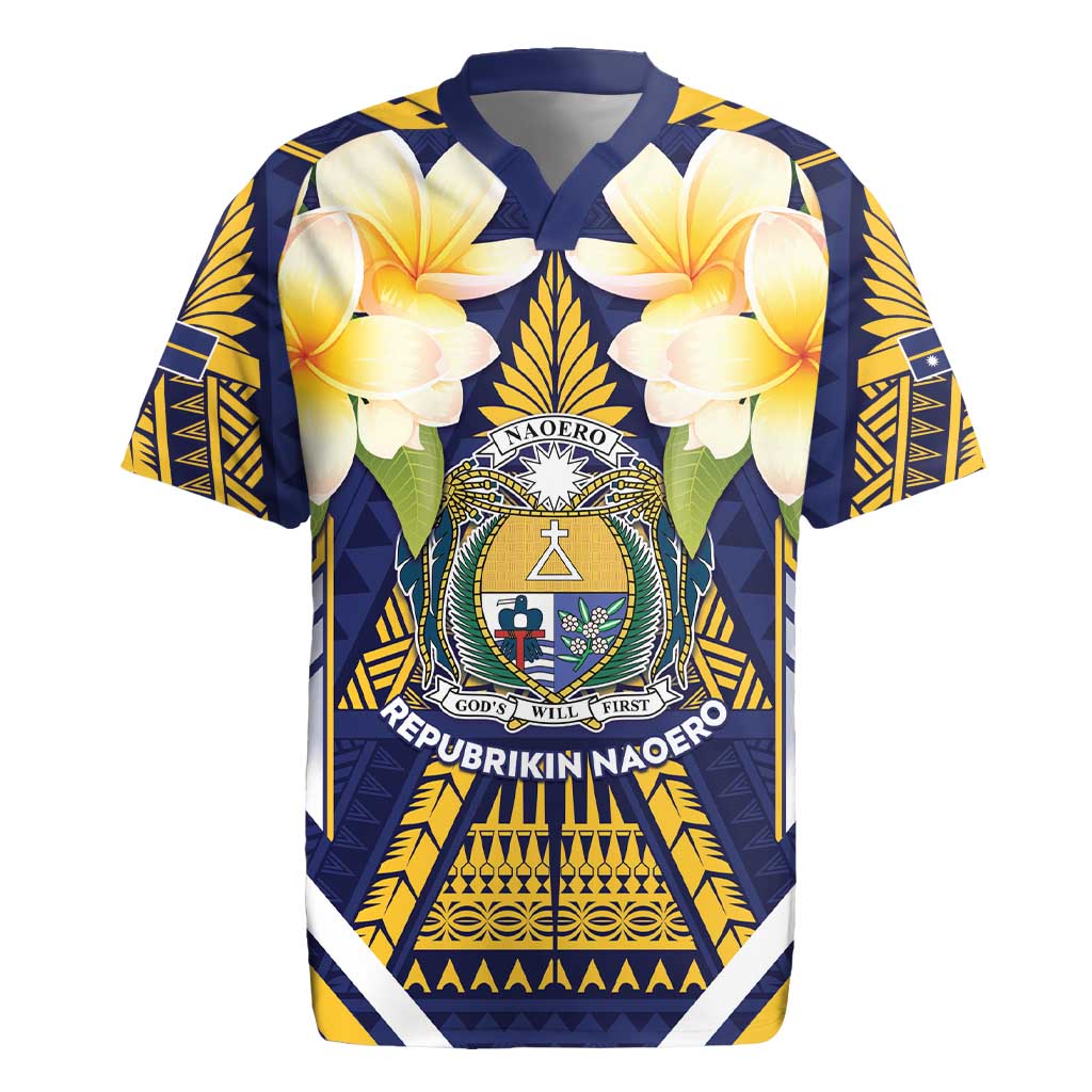 Personalised Nauru Independence Day Rugby Jersey Coat Of Arms With Plumeria LT05 Navy - Polynesian Pride