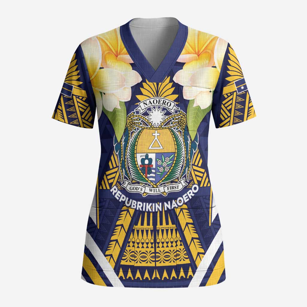 Personalised Nauru Independence Day Scrub Top Coat Of Arms With Plumeria - Polynesian Pride
