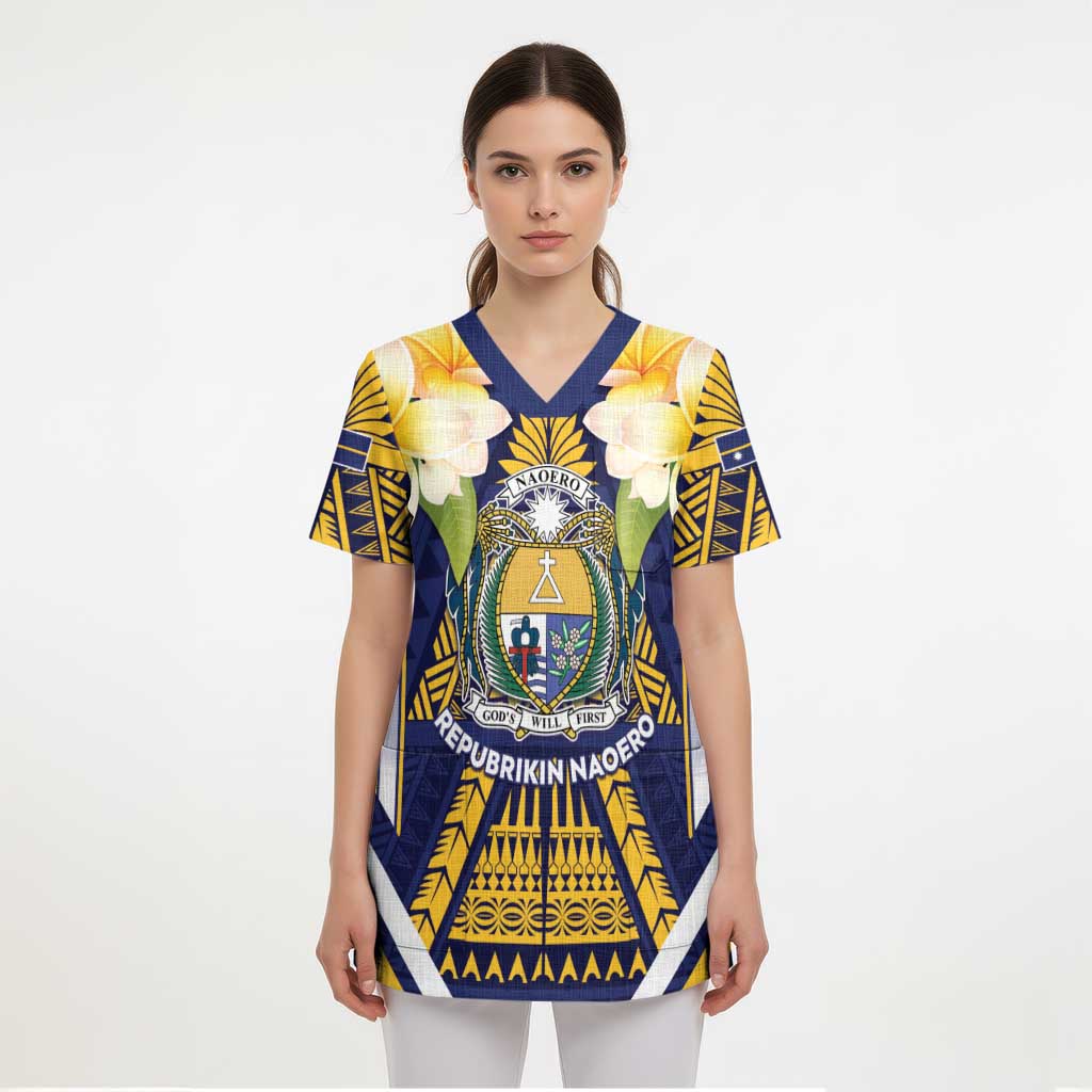 Personalised Nauru Independence Day Scrub Top Coat Of Arms With Plumeria - Polynesian Pride