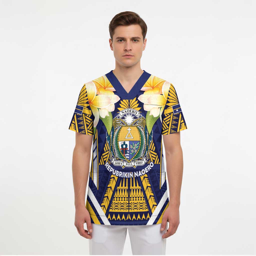 Personalised Nauru Independence Day Scrub Top Coat Of Arms With Plumeria - Polynesian Pride