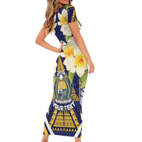 Personalised Nauru Independence Day Short Sleeve Bodycon Dress Coat Of Arms With Plumeria - Polynesian Pride