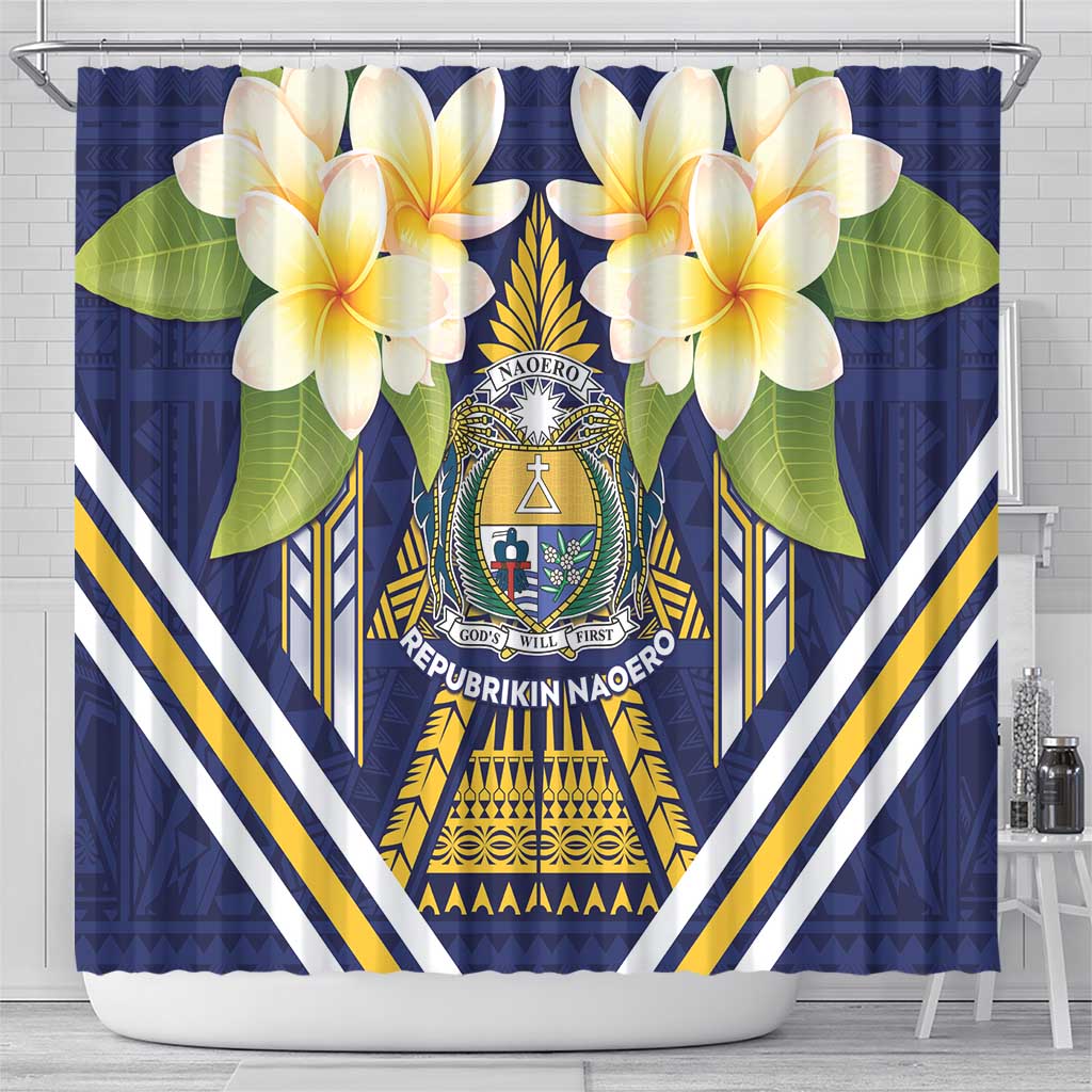 Nauru Independence Day Shower Curtain Coat Of Arms With Plumeria - Polynesian Pride