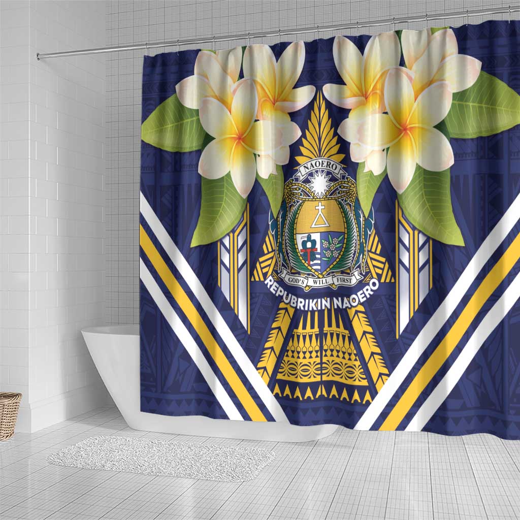 Nauru Independence Day Shower Curtain Coat Of Arms With Plumeria - Polynesian Pride