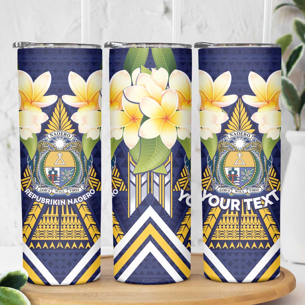 Personalised Nauru Independence Day Skinny Tumbler Coat Of Arms With Plumeria - Polynesian Pride