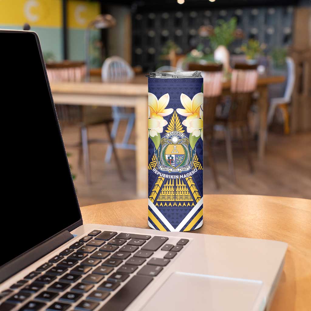 Personalised Nauru Independence Day Skinny Tumbler Coat Of Arms With Plumeria - Polynesian Pride