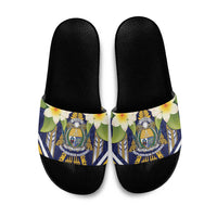 Nauru Independence Day Slide Sandals Coat Of Arms With Plumeria - Polynesian Pride