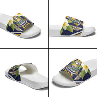 Nauru Independence Day Slide Sandals Coat Of Arms With Plumeria - Polynesian Pride