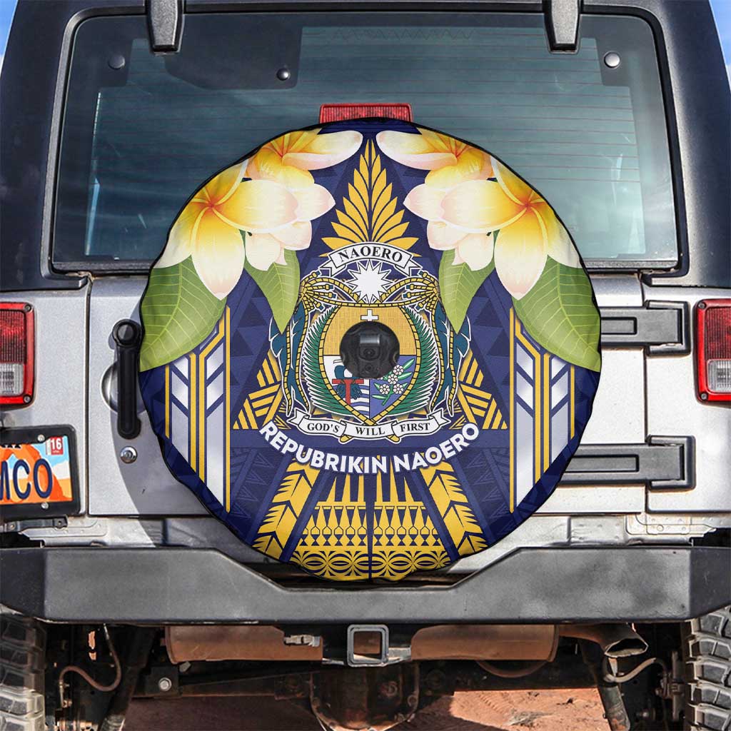 Nauru Independence Day Spare Tire Cover Coat Of Arms With Plumeria - Polynesian Pride